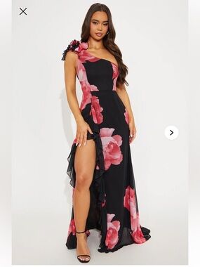 Black One-Shoulder Maxi Dress with Pink Floral Print